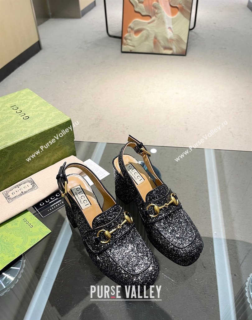 Gucci Glitters Horsebit Slingback Pumps 8.5cm 771566 Black 2024 (MD-240427012)
