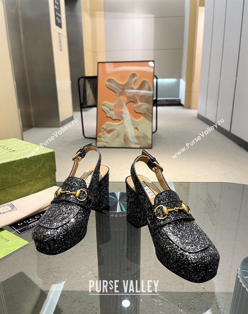 Gucci Glitters Horsebit Slingback Pumps 8.5cm 771566 Black 2024 (MD-240427012)