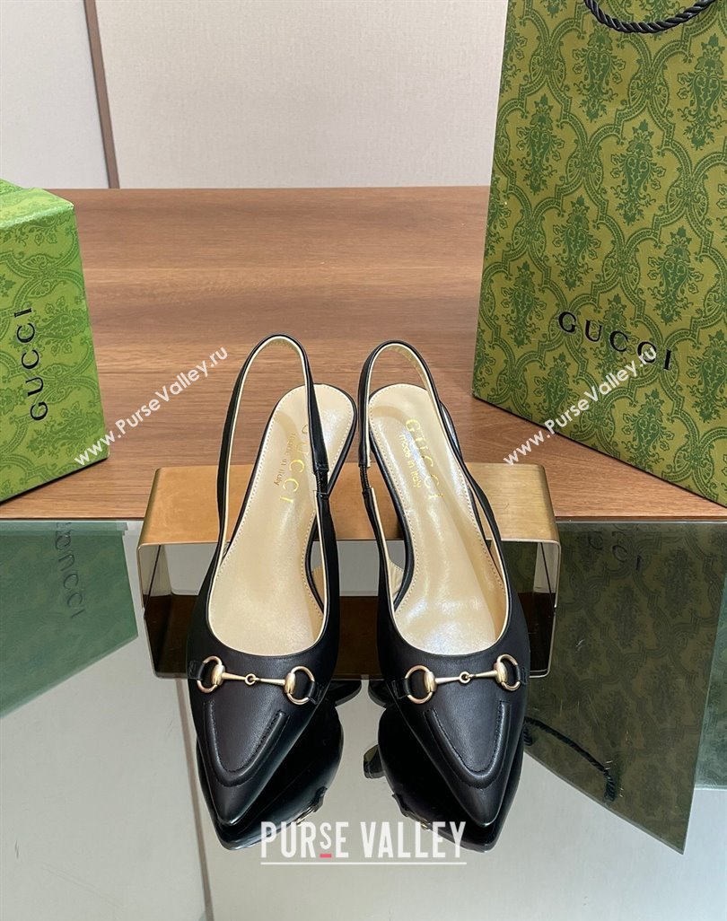 Gucci Leather Slingback Pumps 4.5cm with Horsebit Black 2024 782627 (MD-240427023)