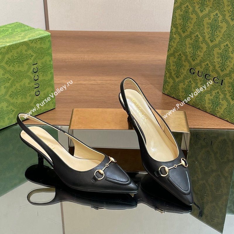 Gucci Leather Slingback Pumps 4.5cm with Horsebit Black 2024 782627 (MD-240427023)