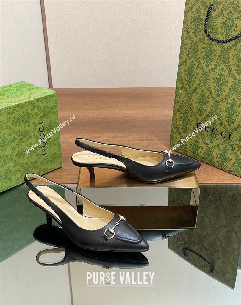 Gucci Leather Slingback Pumps 4.5cm with Horsebit Black 2024 782627 (MD-240427023)