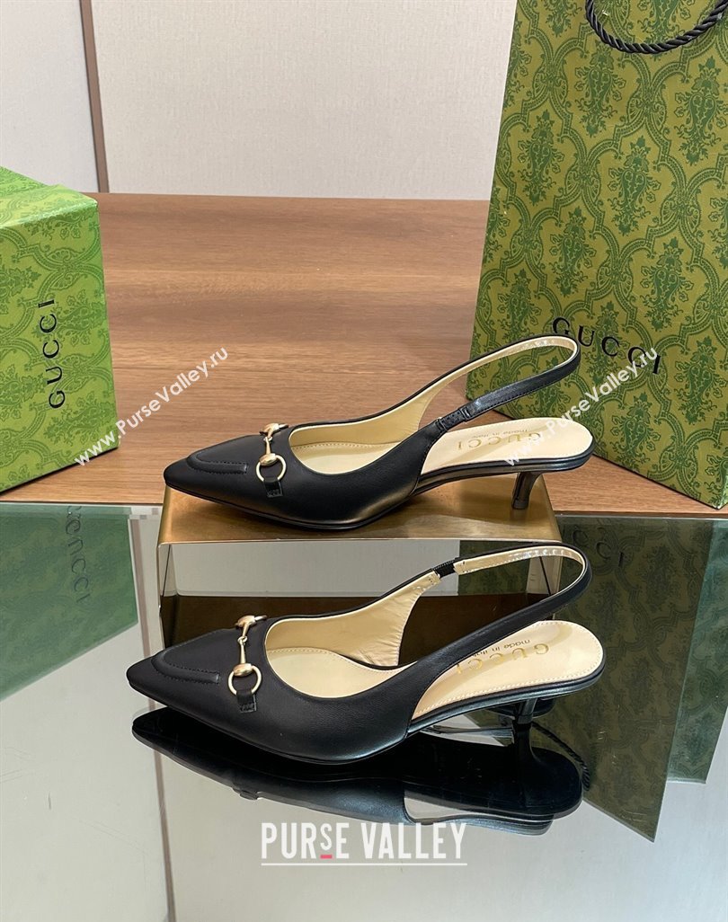 Gucci Leather Slingback Pumps 4.5cm with Horsebit Black 2024 782627 (MD-240427023)