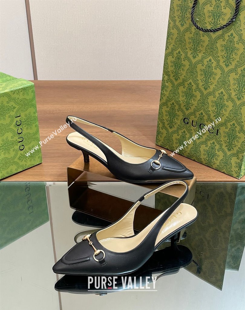 Gucci Leather Slingback Pumps 4.5cm with Horsebit Black 2024 782627 (MD-240427023)