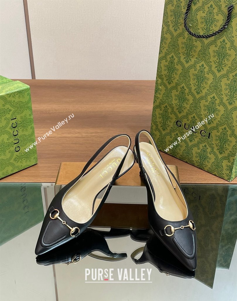 Gucci Leather Slingback Pumps 4.5cm with Horsebit Black 2024 782627 (MD-240427023)