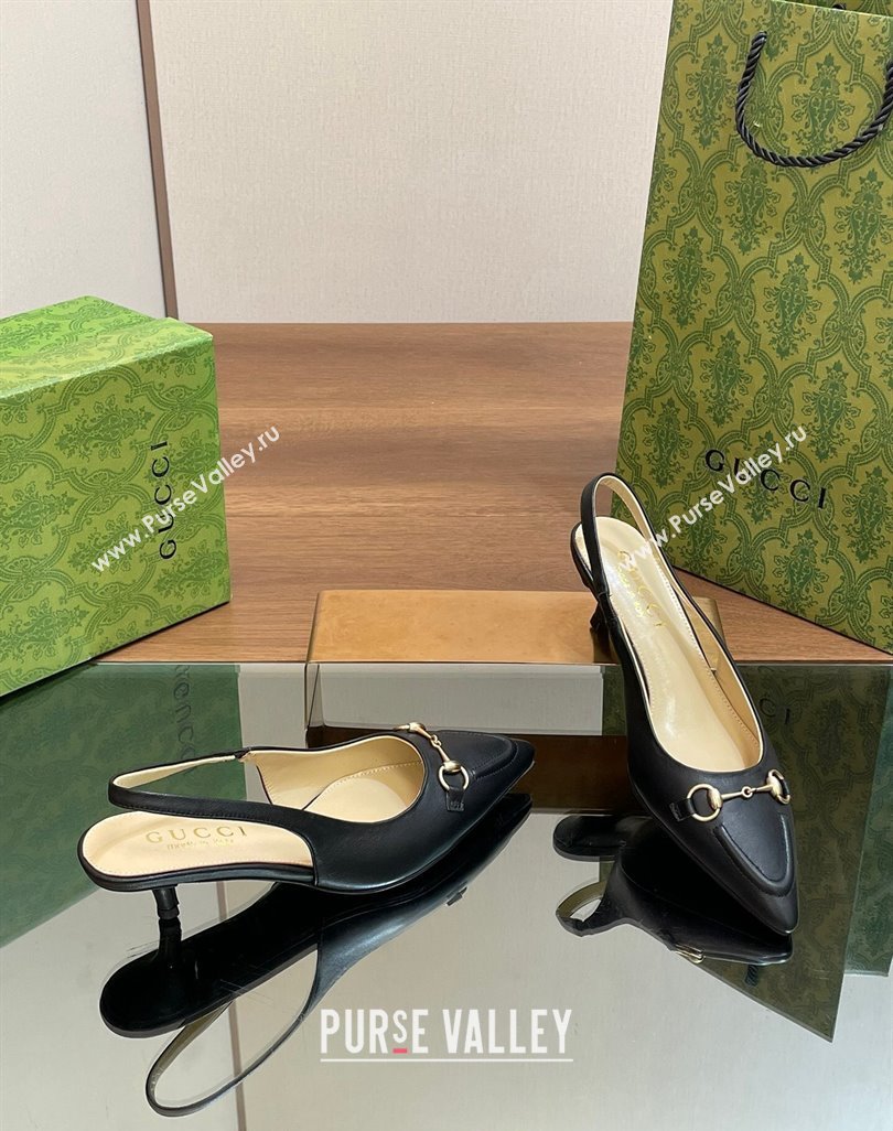 Gucci Leather Slingback Pumps 4.5cm with Horsebit Black 2024 782627 (MD-240427023)