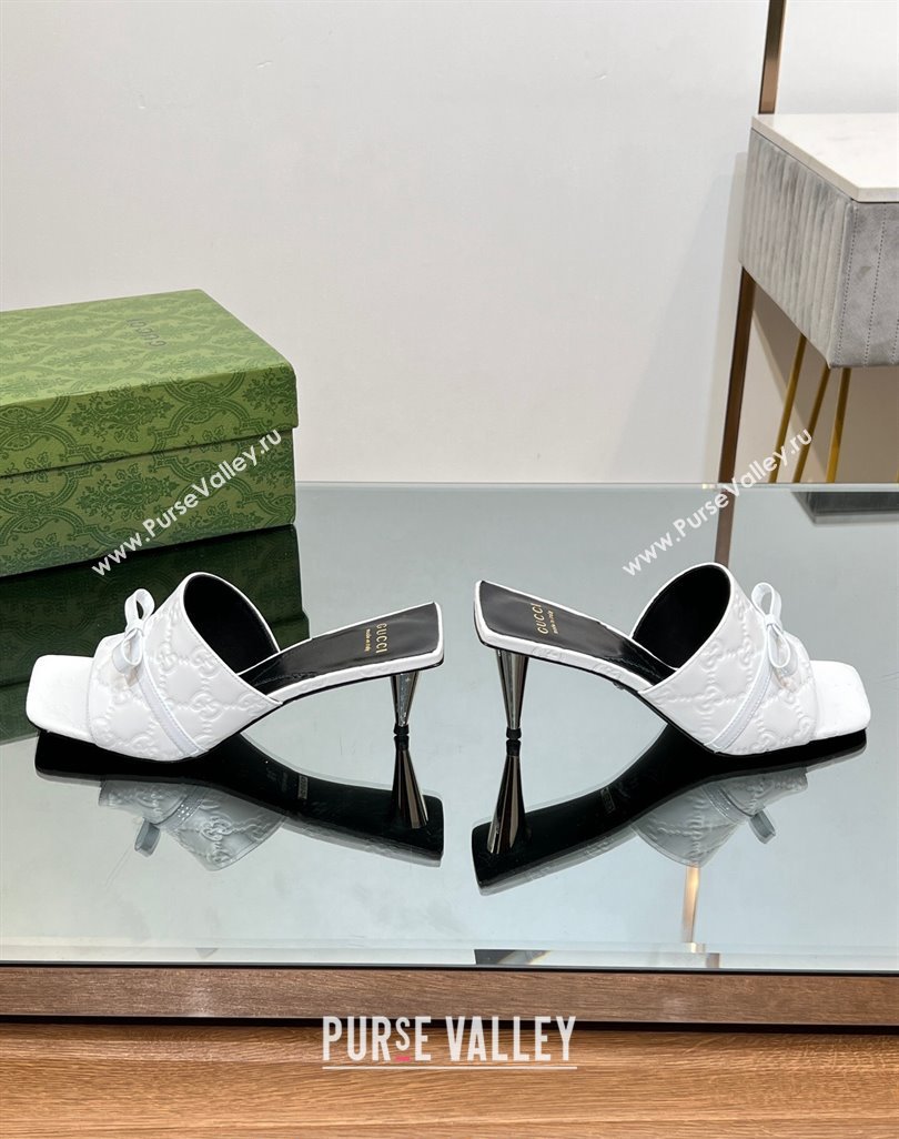 Gucci GG Leather Heel Slide Sandals 5.5/7cm with Bow White 2024 (MD-240427026)