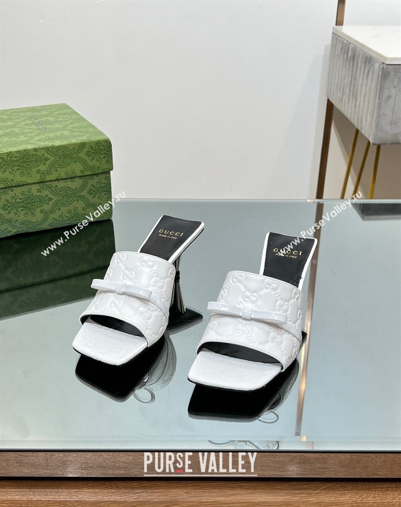 Gucci GG Leather Heel Slide Sandals 5.5/7cm with Bow White 2024 (MD-240427026)