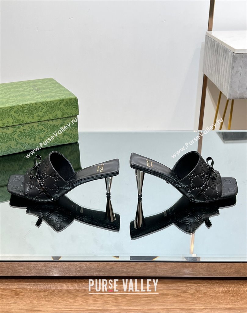 Gucci GG Leather Heel Slide Sandals 5.5/7cm with Bow Black 2024 (MD-240427027)
