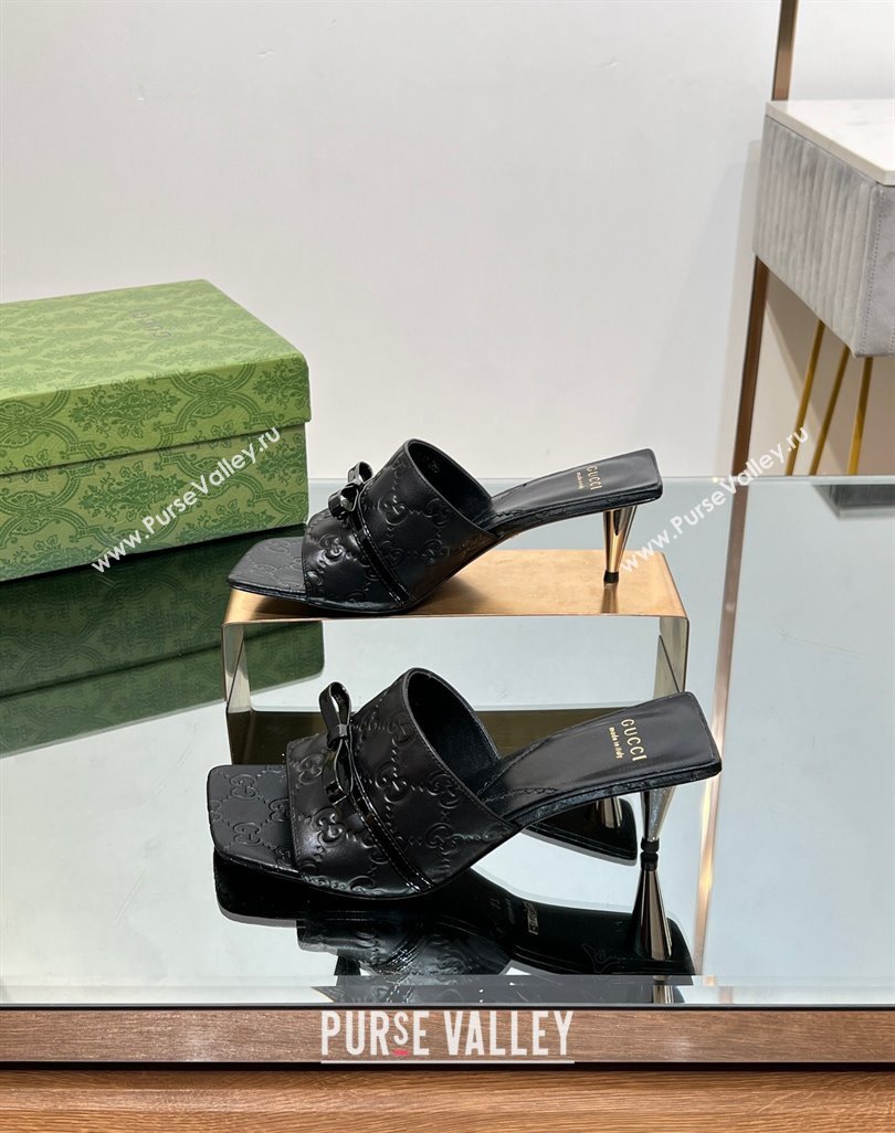Gucci GG Leather Heel Slide Sandals 5.5/7cm with Bow Black 2024 (MD-240427027)