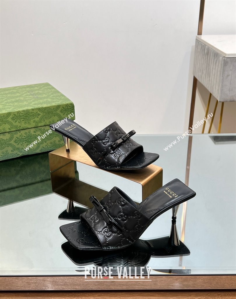 Gucci GG Leather Heel Slide Sandals 5.5/7cm with Bow Black 2024 (MD-240427027)