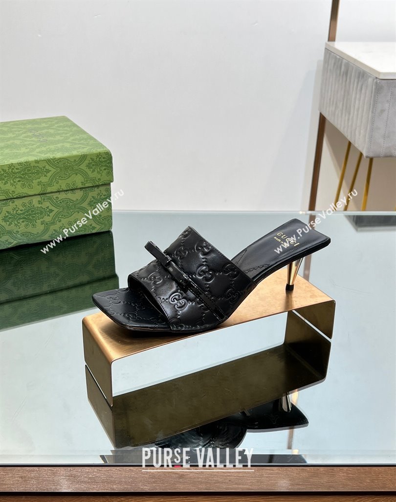 Gucci GG Leather Heel Slide Sandals 5.5/7cm with Bow Black 2024 (MD-240427027)