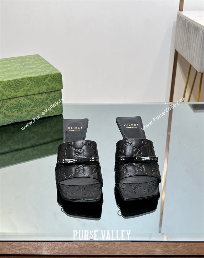 Gucci GG Leather Heel Slide Sandals 5.5/7cm with Bow Black 2024 (MD-240427027)