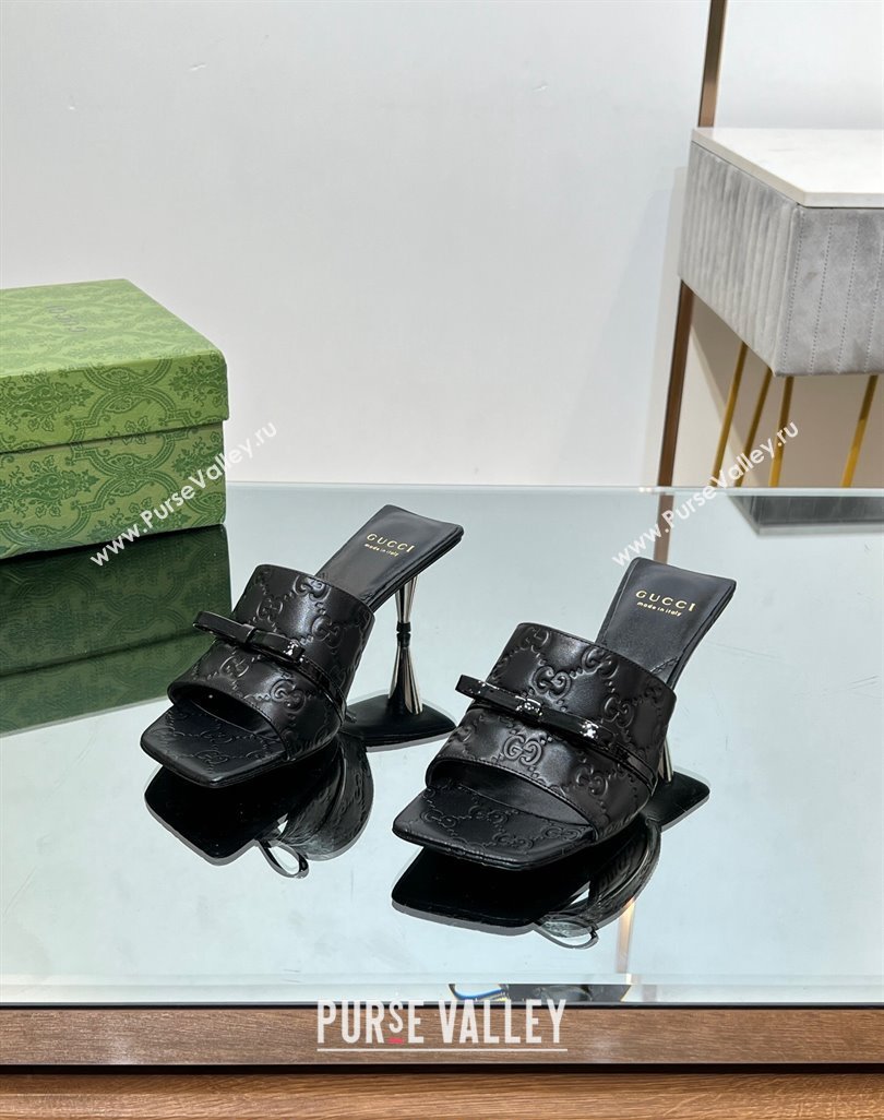 Gucci GG Leather Heel Slide Sandals 5.5/7cm with Bow Black 2024 (MD-240427027)