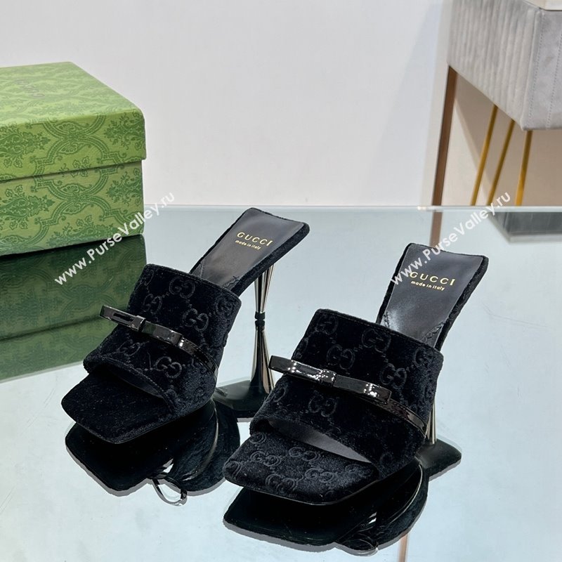 Gucci GG Velvet Heel Slide Sandals 5.5/7cm with Bow Black 2024 (MD-240427028)