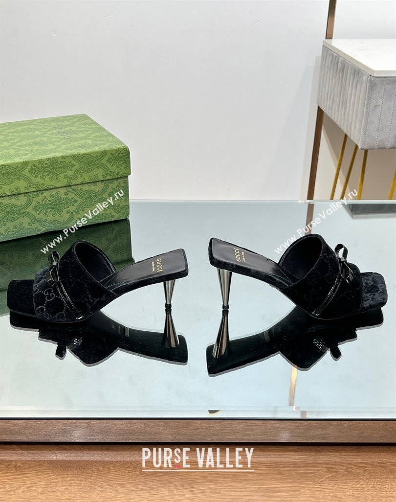 Gucci GG Velvet Heel Slide Sandals 5.5/7cm with Bow Black 2024 (MD-240427028)