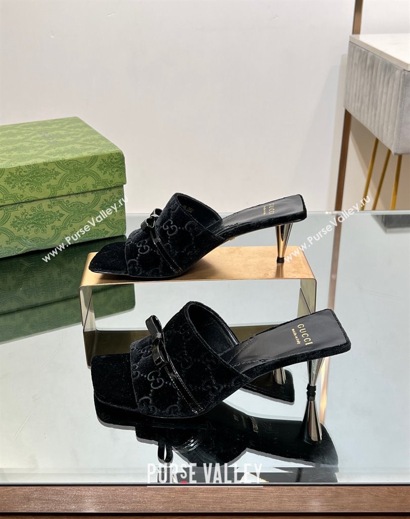 Gucci GG Velvet Heel Slide Sandals 5.5/7cm with Bow Black 2024 (MD-240427028)