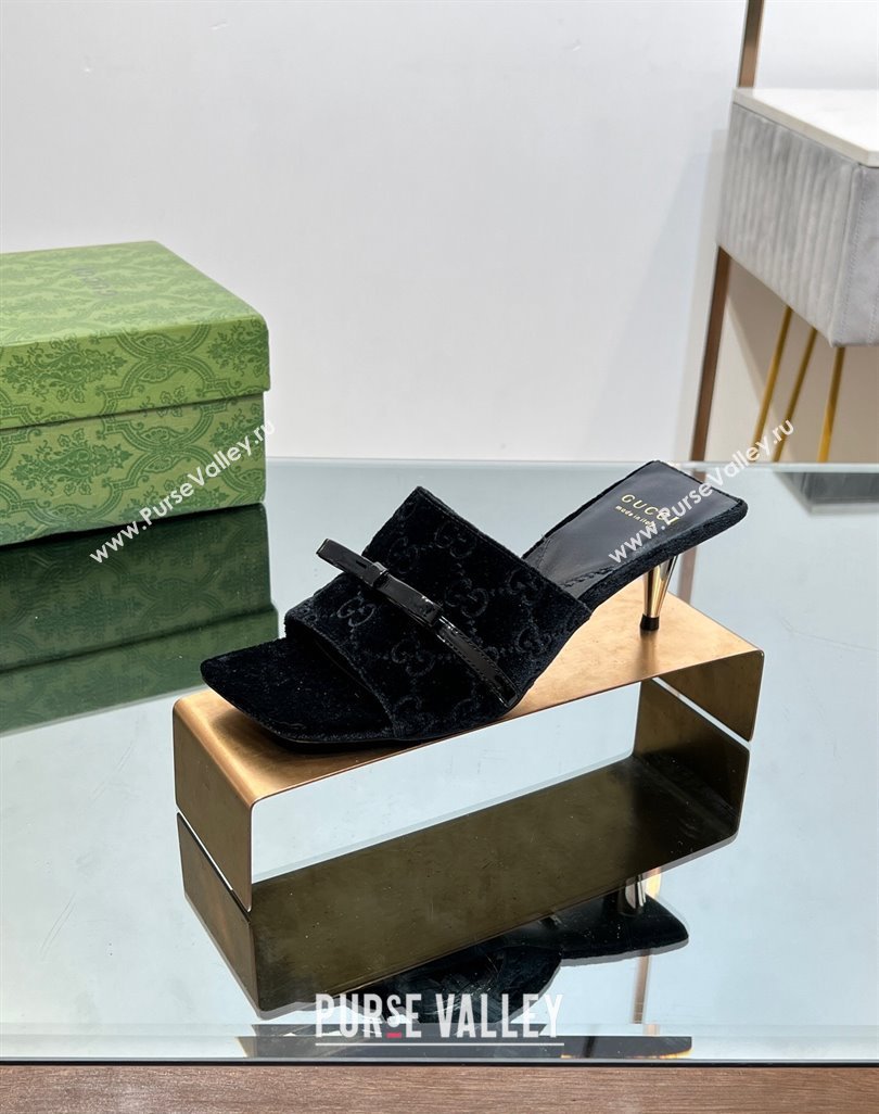 Gucci GG Velvet Heel Slide Sandals 5.5/7cm with Bow Black 2024 (MD-240427028)