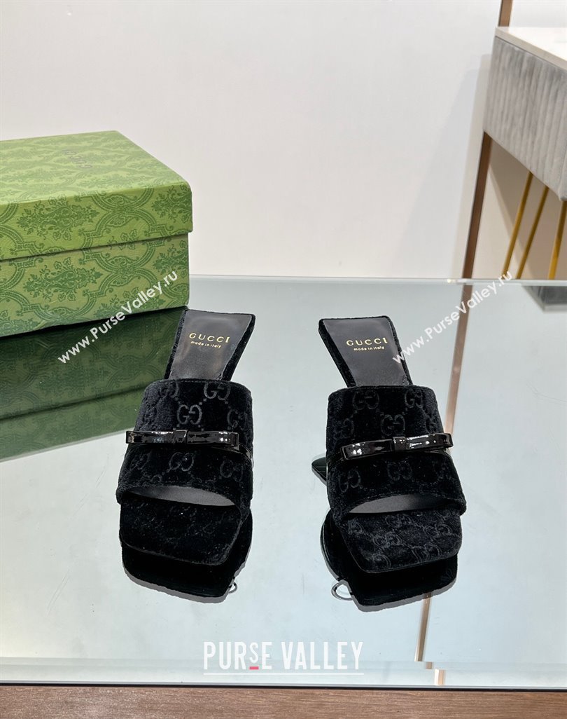 Gucci GG Velvet Heel Slide Sandals 5.5/7cm with Bow Black 2024 (MD-240427028)