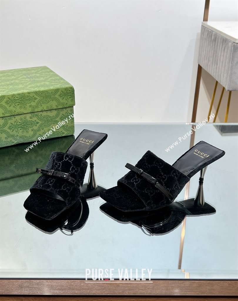 Gucci GG Velvet Heel Slide Sandals 5.5/7cm with Bow Black 2024 (MD-240427028)