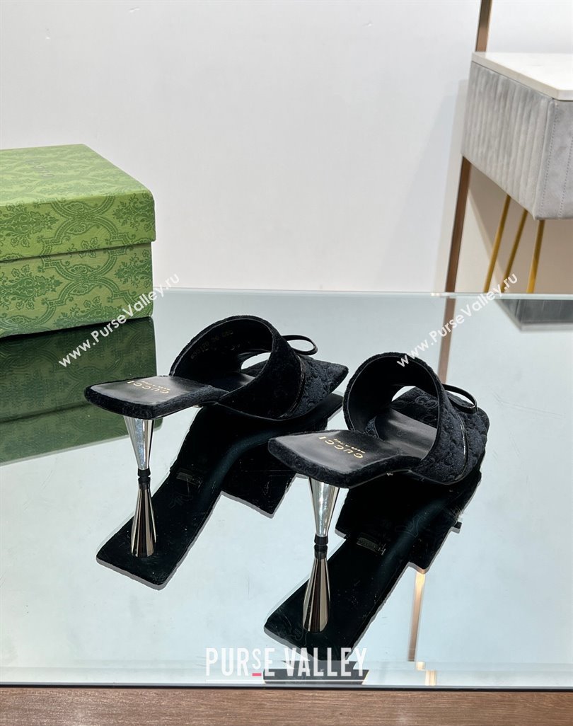 Gucci GG Velvet Heel Slide Sandals 5.5/7cm with Bow Black 2024 (MD-240427028)