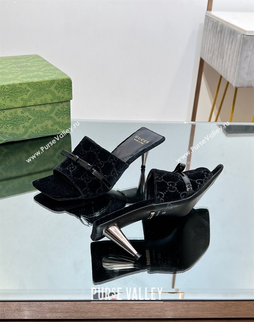 Gucci GG Velvet Heel Slide Sandals 5.5/7cm with Bow Black 2024 (MD-240427028)