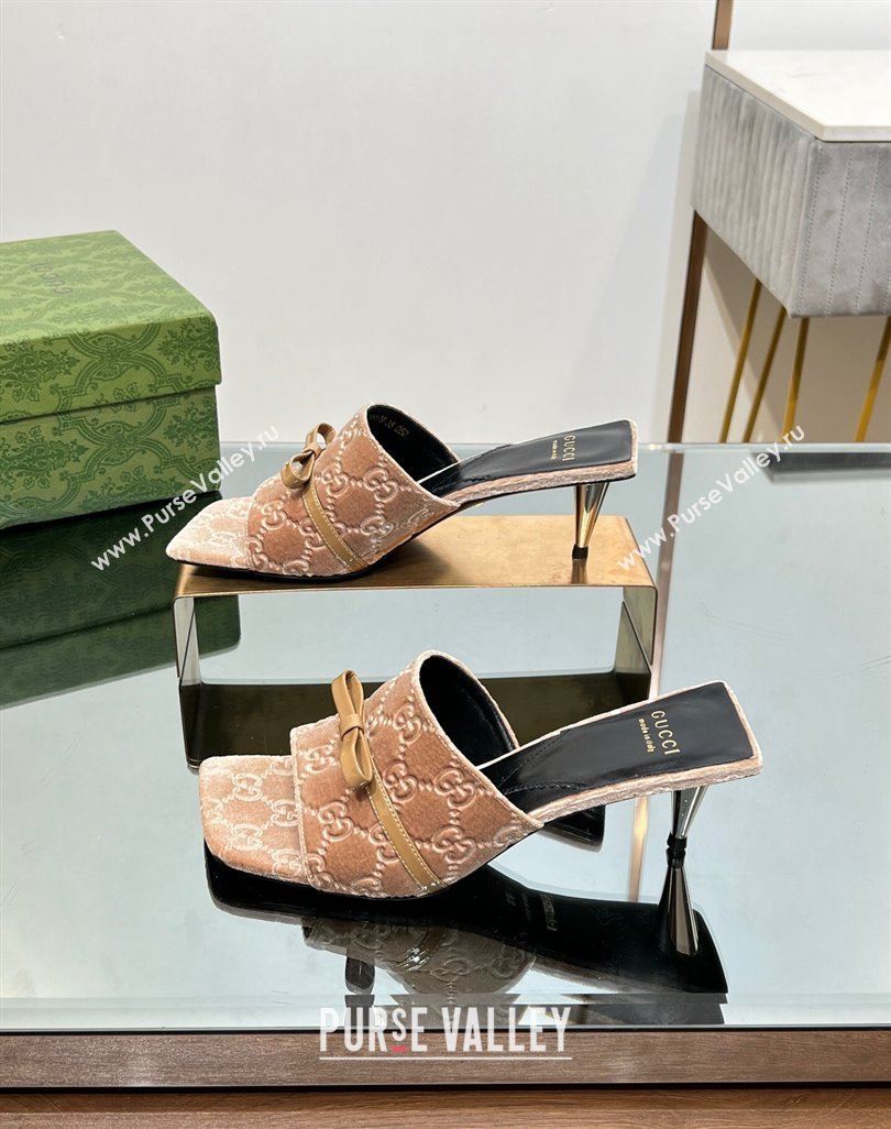 Gucci GG Velvet Heel Slide Sandals 5.5/7cm with Bow Beige 2024 (MD-240427029)