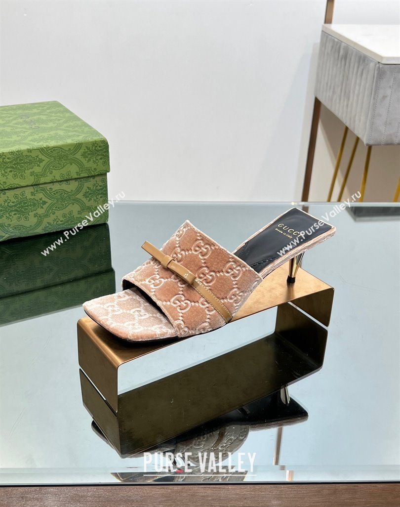 Gucci GG Velvet Heel Slide Sandals 5.5/7cm with Bow Beige 2024 (MD-240427029)