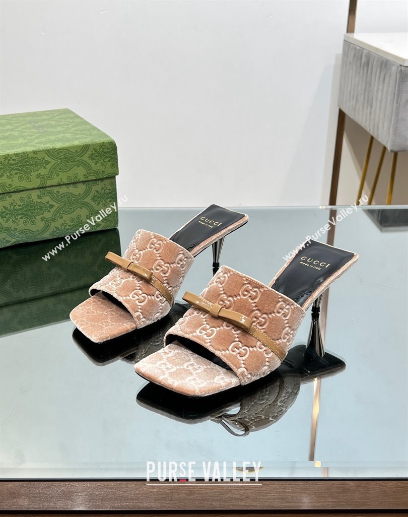 Gucci GG Velvet Heel Slide Sandals 5.5/7cm with Bow Beige 2024 (MD-240427029)