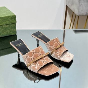 Gucci GG Velvet Heel Slide Sandals 5.5/7cm with Bow Beige 2024 (MD-240427029)