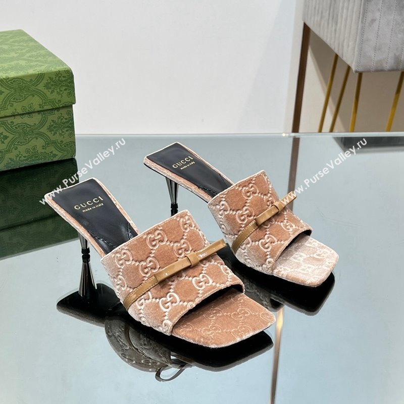 Gucci GG Velvet Heel Slide Sandals 5.5/7cm with Bow Beige 2024 (MD-240427029)