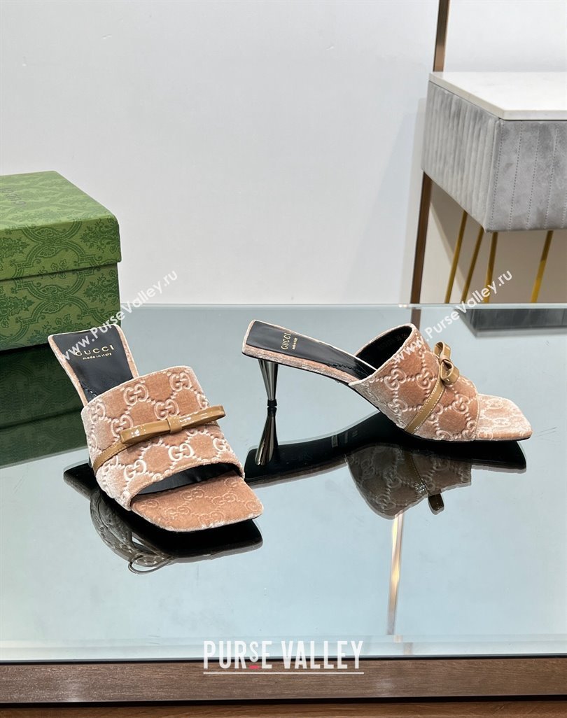 Gucci GG Velvet Heel Slide Sandals 5.5/7cm with Bow Beige 2024 (MD-240427029)