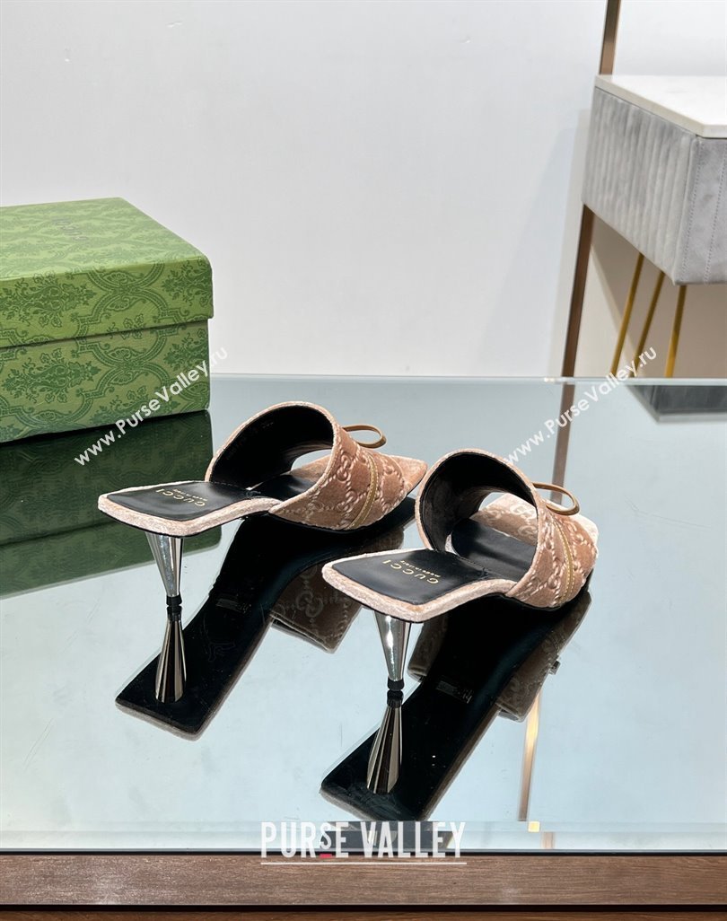 Gucci GG Velvet Heel Slide Sandals 5.5/7cm with Bow Beige 2024 (MD-240427029)