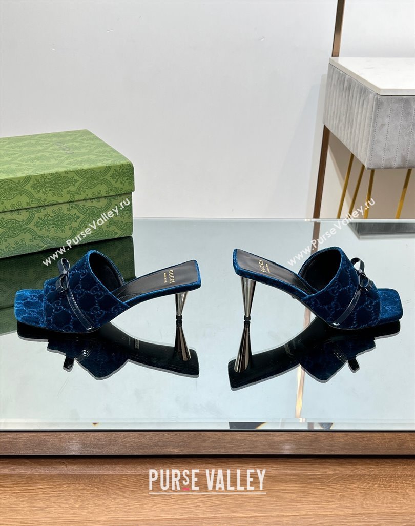 Gucci GG Velvet Heel Slide Sandals 5.5/7cm with Bow Blue 2024 (MD-240427030)