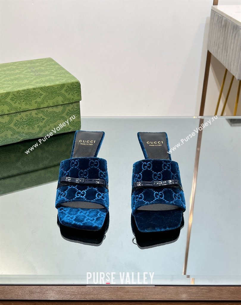 Gucci GG Velvet Heel Slide Sandals 5.5/7cm with Bow Blue 2024 (MD-240427030)