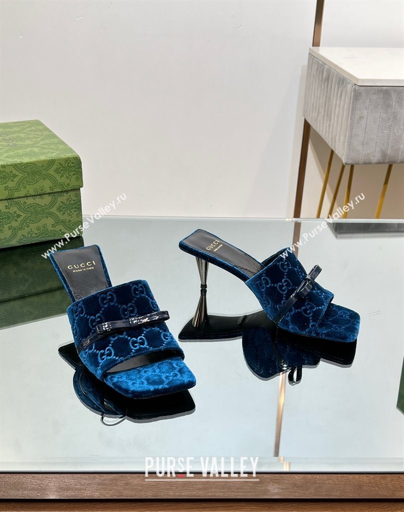 Gucci GG Velvet Heel Slide Sandals 5.5/7cm with Bow Blue 2024 (MD-240427030)