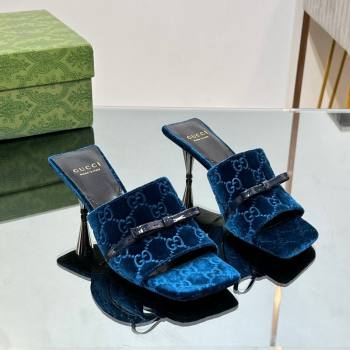 Gucci GG Velvet Heel Slide Sandals 5.5/7cm with Bow Blue 2024 (MD-240427030)