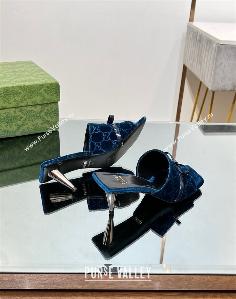 Gucci GG Velvet Heel Slide Sandals 5.5/7cm with Bow Blue 2024 (MD-240427030)