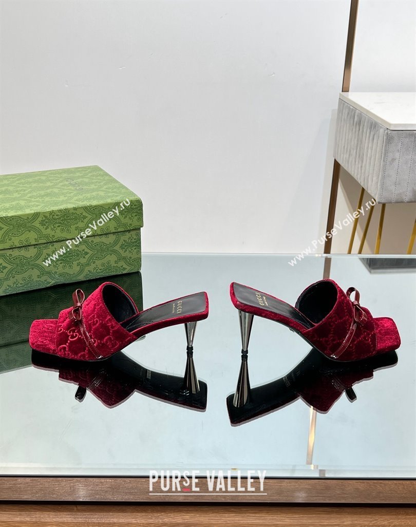 Gucci GG Velvet Heel Slide Sandals 5.5/7cm with Bow Red 2024 (MD-240427031)