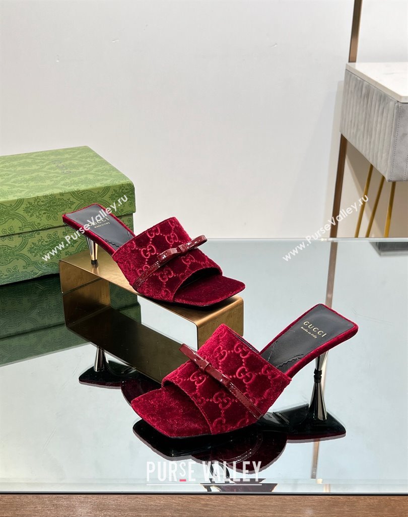 Gucci GG Velvet Heel Slide Sandals 5.5/7cm with Bow Red 2024 (MD-240427031)