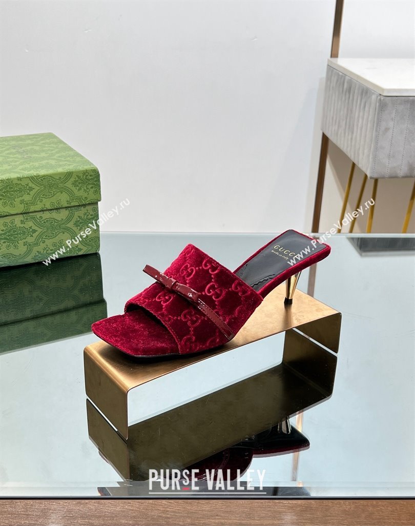 Gucci GG Velvet Heel Slide Sandals 5.5/7cm with Bow Red 2024 (MD-240427031)