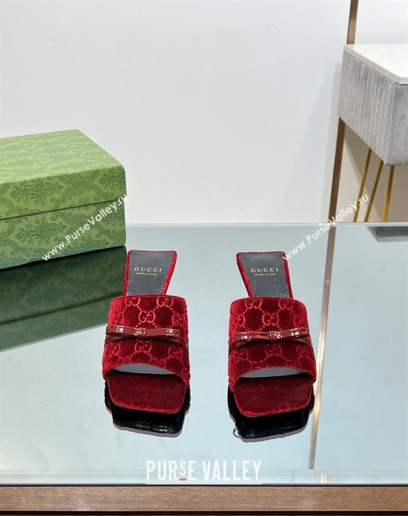 Gucci GG Velvet Heel Slide Sandals 5.5/7cm with Bow Red 2024 (MD-240427031)