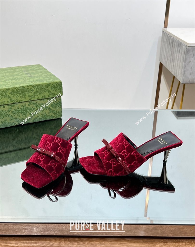 Gucci GG Velvet Heel Slide Sandals 5.5/7cm with Bow Red 2024 (MD-240427031)