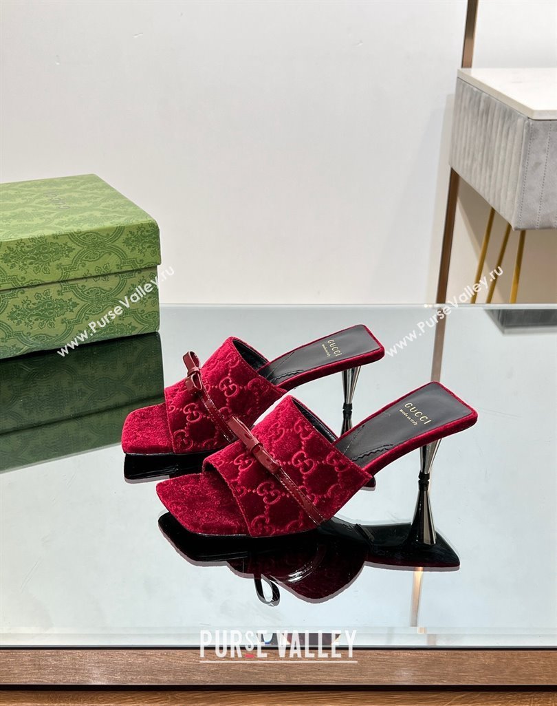 Gucci GG Velvet Heel Slide Sandals 5.5/7cm with Bow Red 2024 (MD-240427031)