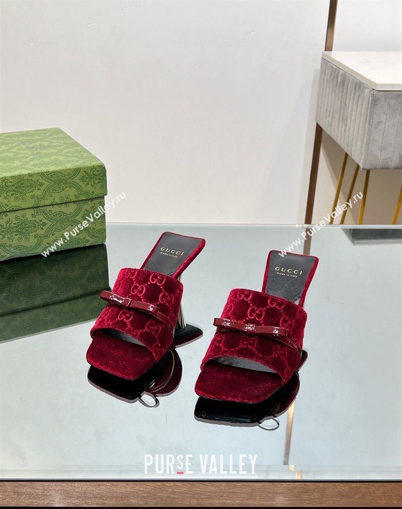Gucci GG Velvet Heel Slide Sandals 5.5/7cm with Bow Red 2024 (MD-240427031)