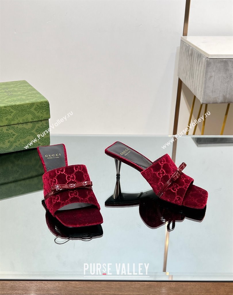 Gucci GG Velvet Heel Slide Sandals 5.5/7cm with Bow Red 2024 (MD-240427031)