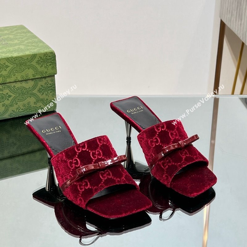 Gucci GG Velvet Heel Slide Sandals 5.5/7cm with Bow Red 2024 (MD-240427031)