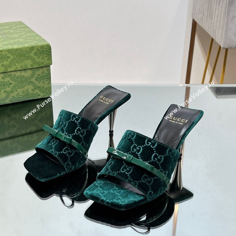 Gucci GG Velvet Heel Slide Sandals 5.5/7cm with Bow Green 2024 (MD-240427032)