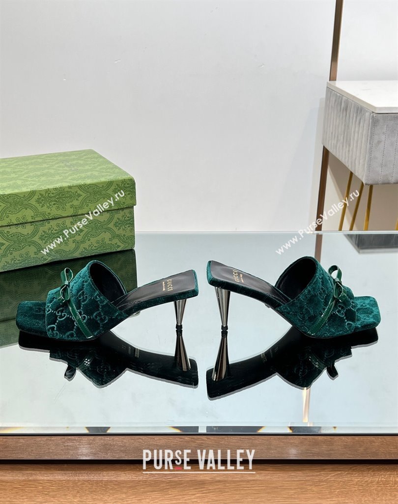 Gucci GG Velvet Heel Slide Sandals 5.5/7cm with Bow Green 2024 (MD-240427032)