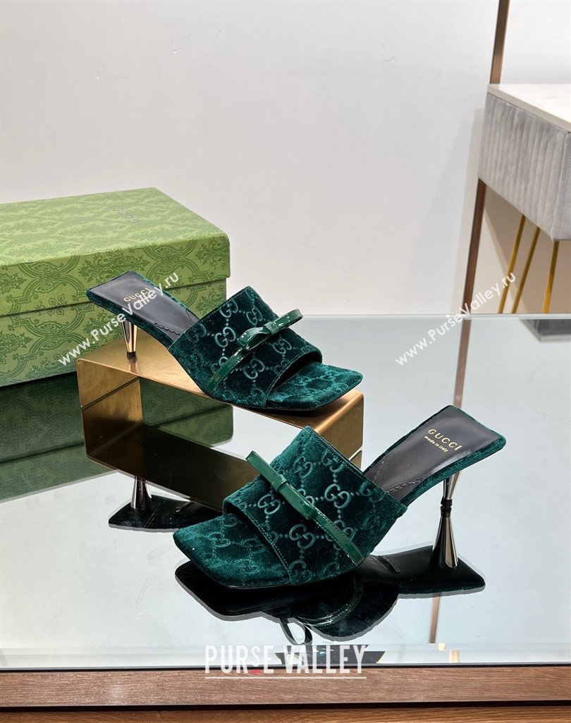 Gucci GG Velvet Heel Slide Sandals 5.5/7cm with Bow Green 2024 (MD-240427032)