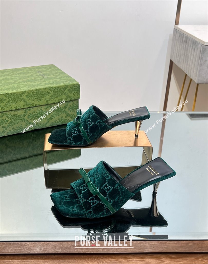 Gucci GG Velvet Heel Slide Sandals 5.5/7cm with Bow Green 2024 (MD-240427032)